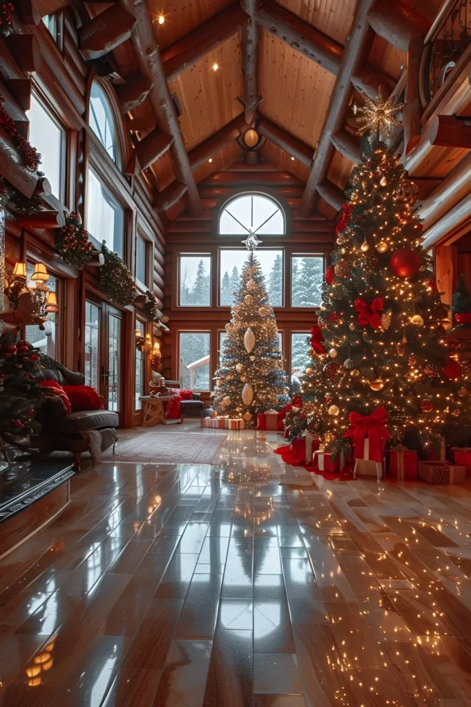 Log cabin hallway with two Christmas trees—one decorated in red and gold, the other in silver—garlands on beams, and large windows revealing snowy scenery.