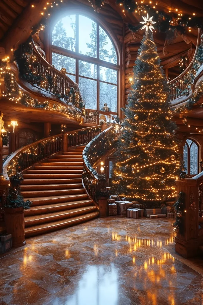 Log cabin with a grand spiral staircase decorated with garlands and lights, a tall Christmas tree with golden ornaments, and a snowy backdrop through an arched window.