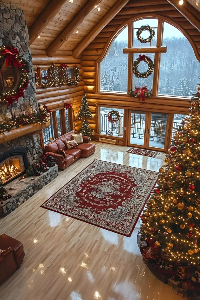 Log cabin living room with a stone fireplace, a red and gold Christmas tree, a red area rug, leather seating, and snowy outdoor views through an arched window.