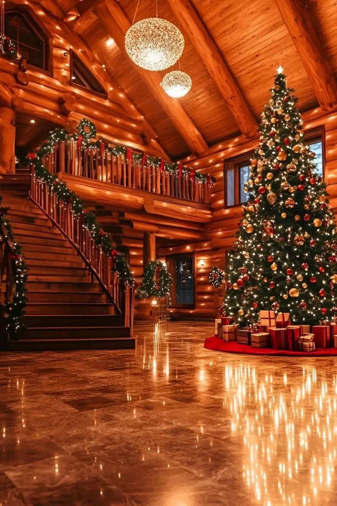 Log cabin entryway with a large Christmas tree, red and gold ornaments, garland-decorated staircase and balcony, and warm golden lighting.