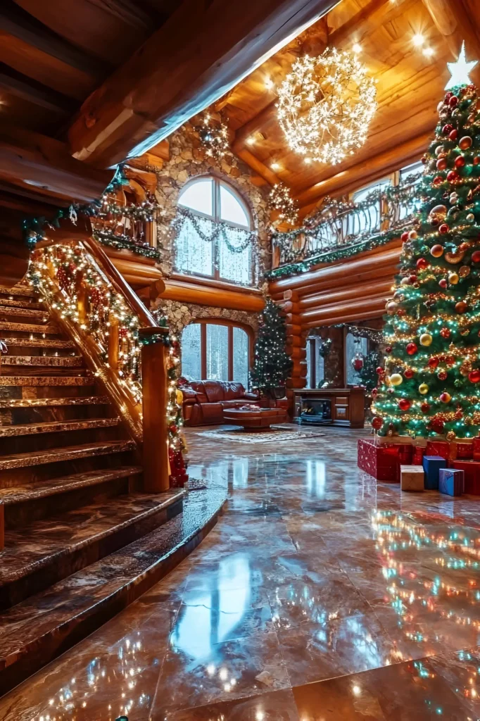 Log cabin interior with a grand staircase wrapped in lights, a colorful Christmas tree, marble floors, and festive garlands on the balcony.