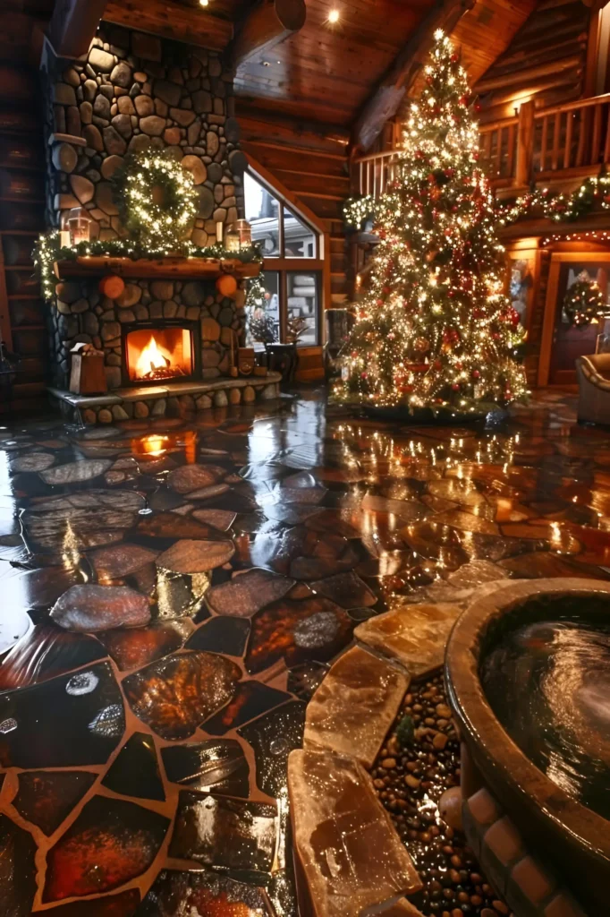 Stone fireplace with a wreath and garlands, a glowing Christmas tree, polished stone flooring, and an indoor fountain in a cozy log cabin setting.