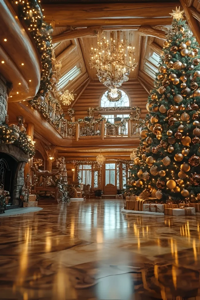 Log cabin interior featuring a gold-decorated Christmas tree, grand chandeliers, garland-lined railings, and a stone fireplace in an elegant holiday setting.