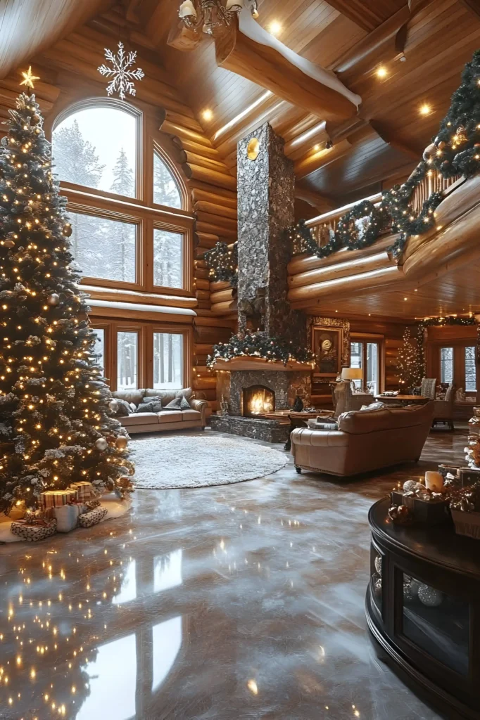 Log cabin with a tall Christmas tree, stone fireplace decorated with garlands, plush leather seating, and large windows showcasing a snowy forest.