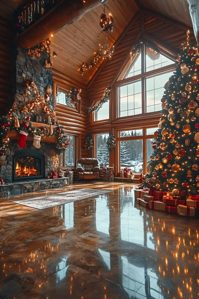 Log cabin with a stone fireplace decorated with garlands and stockings, a red and gold Christmas tree, and large windows overlooking snowy scenery.