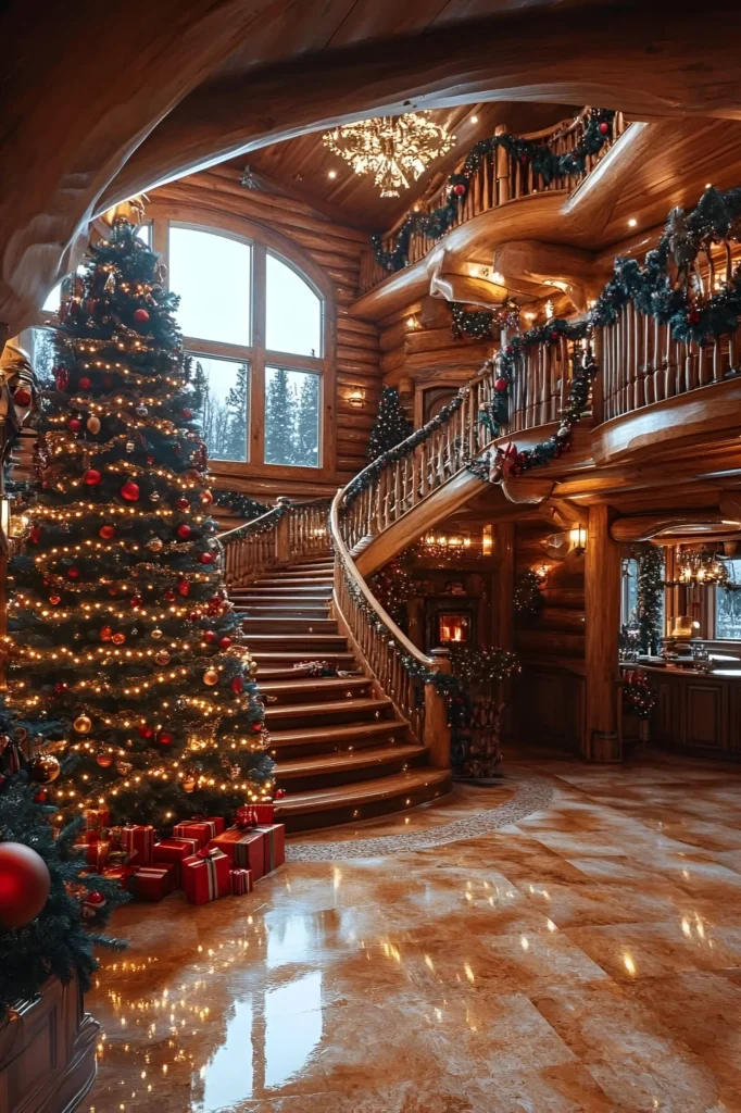 Log cabin interior with a sweeping staircase wrapped in garlands, a tall red and gold Christmas tree, arched windows, and polished floors.