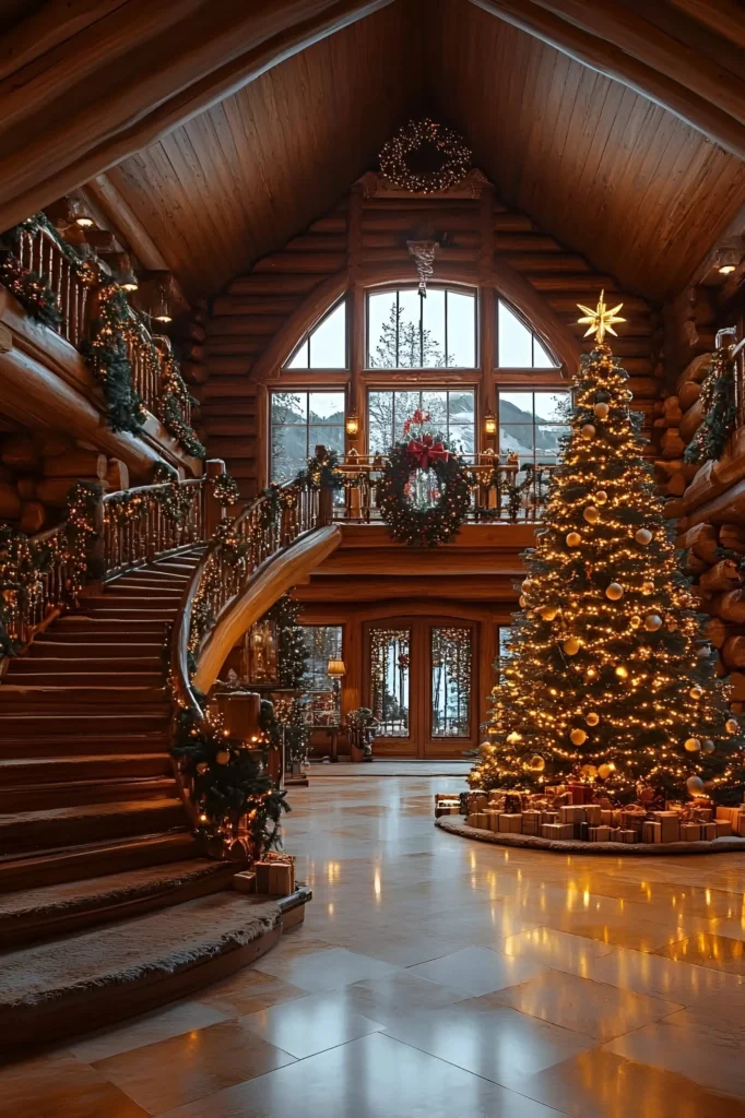 Log cabin interior with a curved staircase decorated with garlands, a golden-lit Christmas tree, arched windows, and a festive balcony with wreaths.