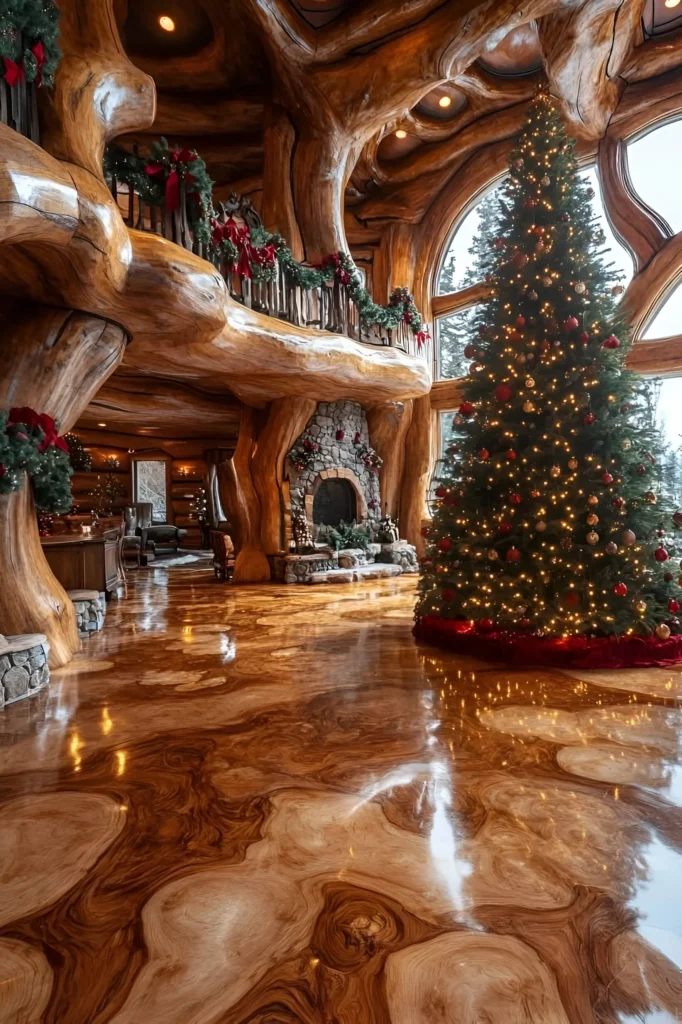 Log cabin interior featuring sculptural wood beams, a stone fireplace, a Christmas tree with red accents, and garlands on railings.