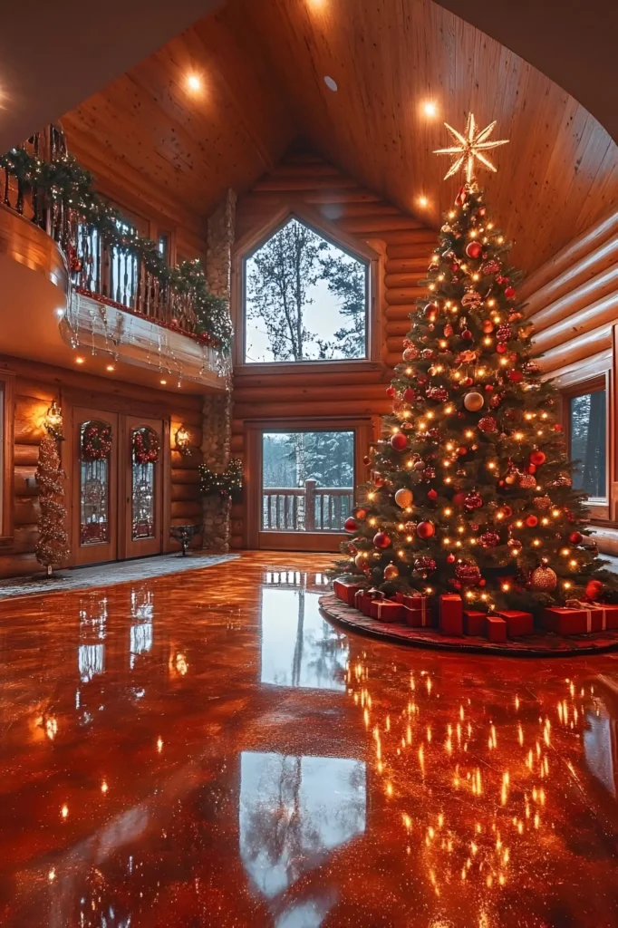 Log cabin interior with a red and gold Christmas tree, glowing polished floors, garlands on railings, and arched windows showcasing snowy views.