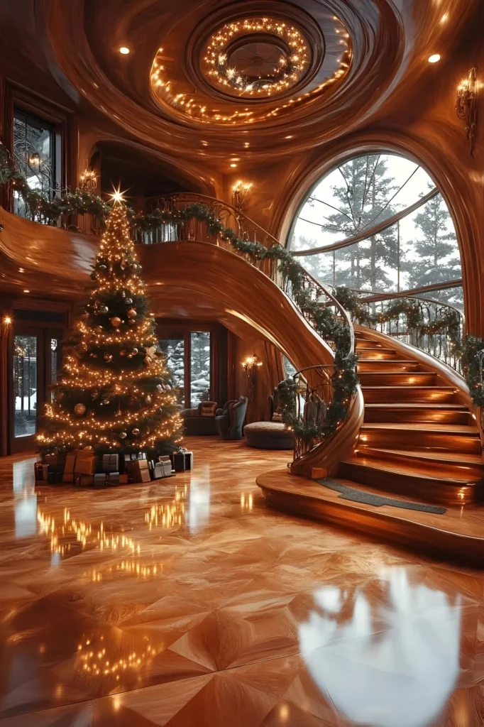 Log cabin interior featuring a spiral staircase with garlands, a warmly lit Christmas tree, polished floors, and large windows with snowy views.