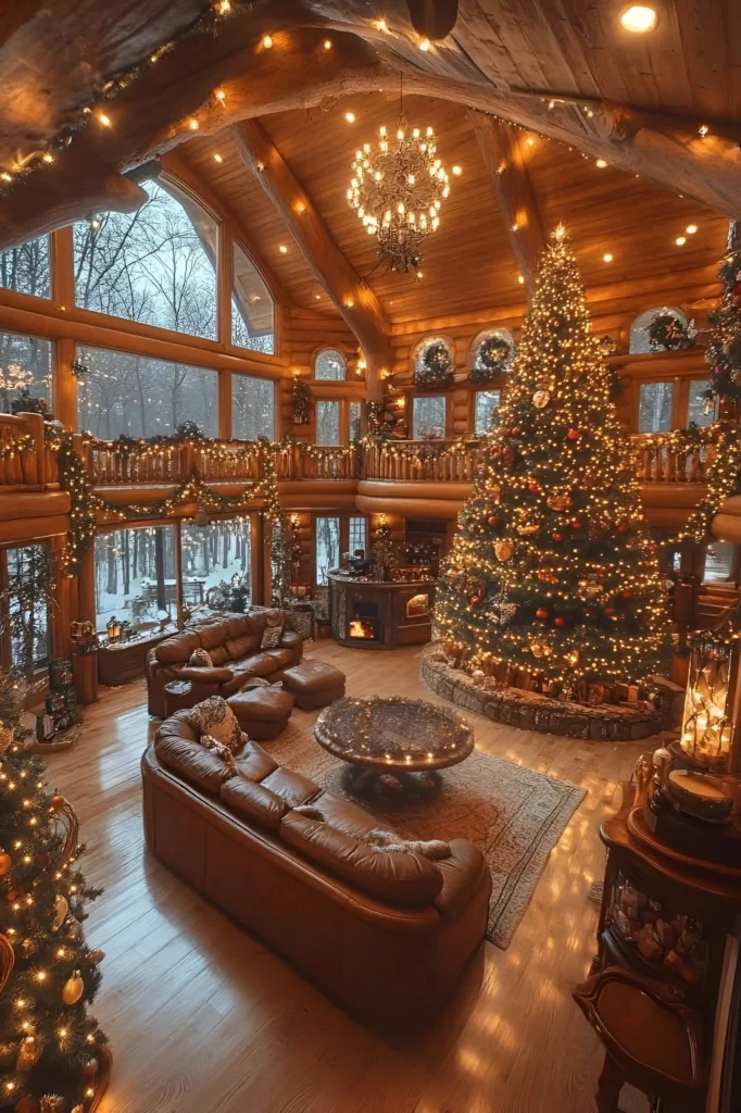 Spacious log cabin living room with a large Christmas tree, garland-wrapped railings, leather seating, and a chandelier overlooking snowy outdoor views.