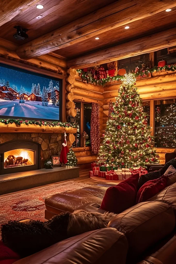 Log cabin with a Christmas tree, glowing fireplace, garlands on the mantle, and a TV showing a snowy village scene.