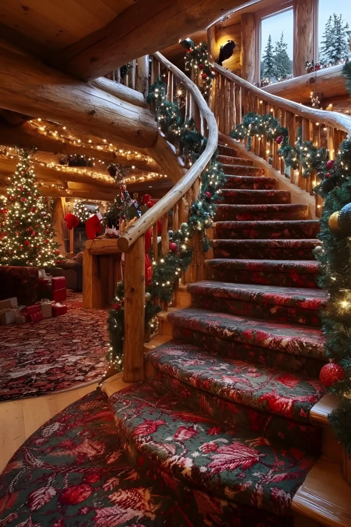 Log cabin staircase decorated with garlands, twinkling lights, red and green carpeting, and a glowing Christmas tree in the background.