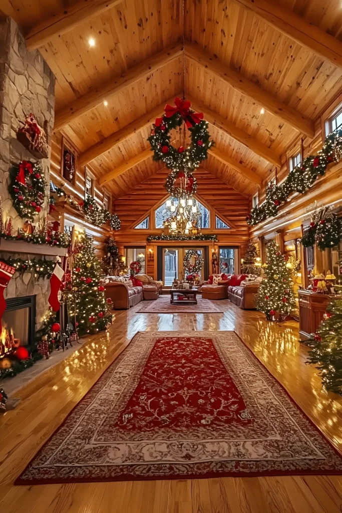 Log cabin grand hall with vaulted ceilings, garlands, wreaths, glowing Christmas trees, a stone fireplace, and a red patterned rug.