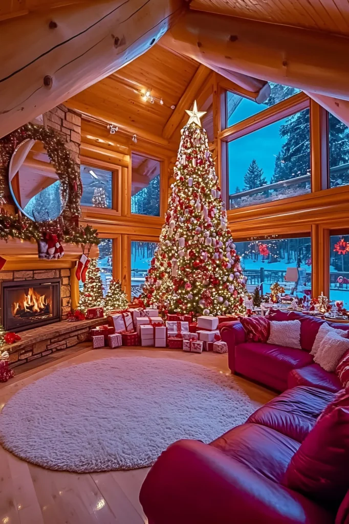 Log cabin living room with a red and white Christmas tree, stone fireplace, red sofa, snowy window views, and wrapped gifts.