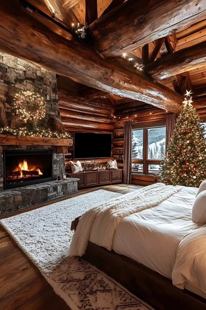 Log cabin bedroom with a stone fireplace, glowing wreath, Christmas tree by the window, snowy views, and cozy bedding.