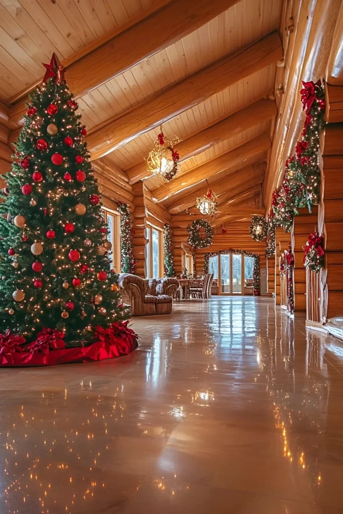 Log cabin hallway with a Christmas tree, garlands, wreaths, red ribbons, polished floors, and natural light streaming through windows.