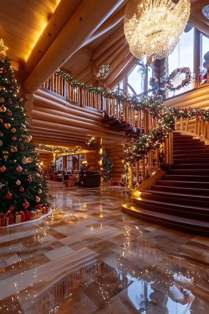 Log cabin with a grand staircase wrapped in garlands, a tall Christmas tree with gold and red ornaments, polished floors, and glowing chandeliers.