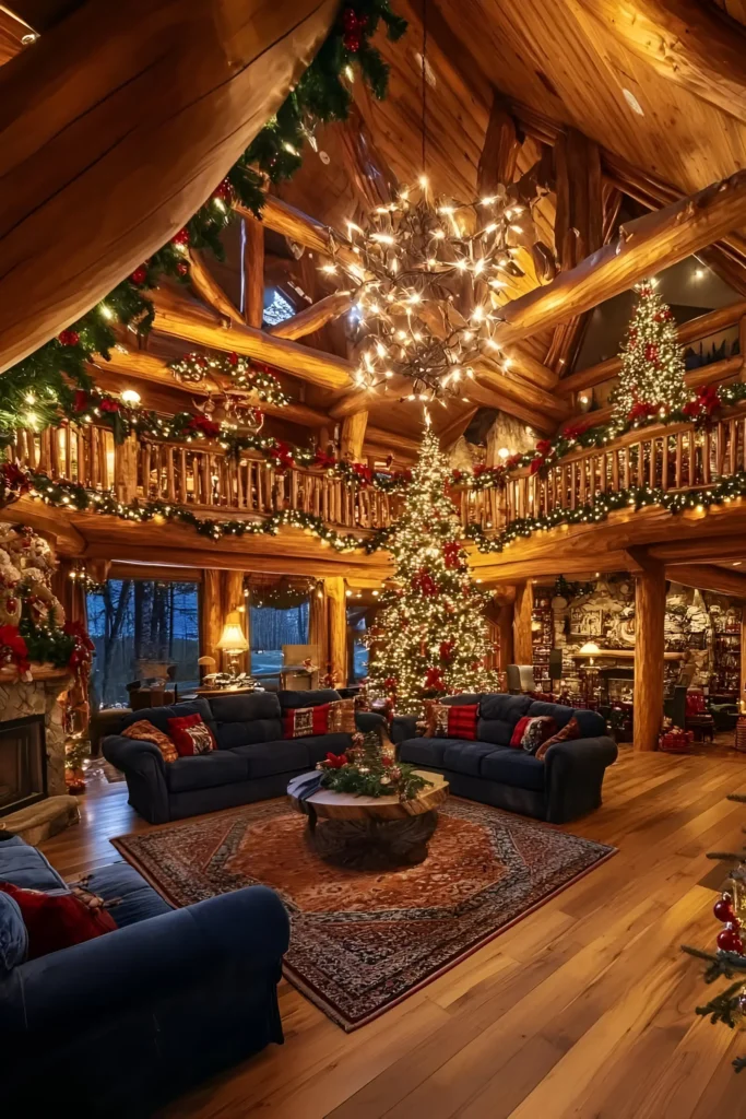 Grand log cabin living room with glowing Christmas trees, garlands, blue sofas, rustic wood coffee table, and holiday-themed decor.