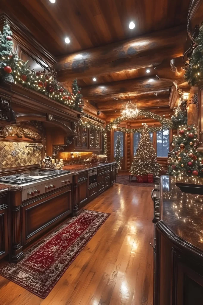 Holiday-themed log cabin kitchen featuring garlands, twinkling lights, wooden cabinetry, a Christmas tree, and festive red accents.