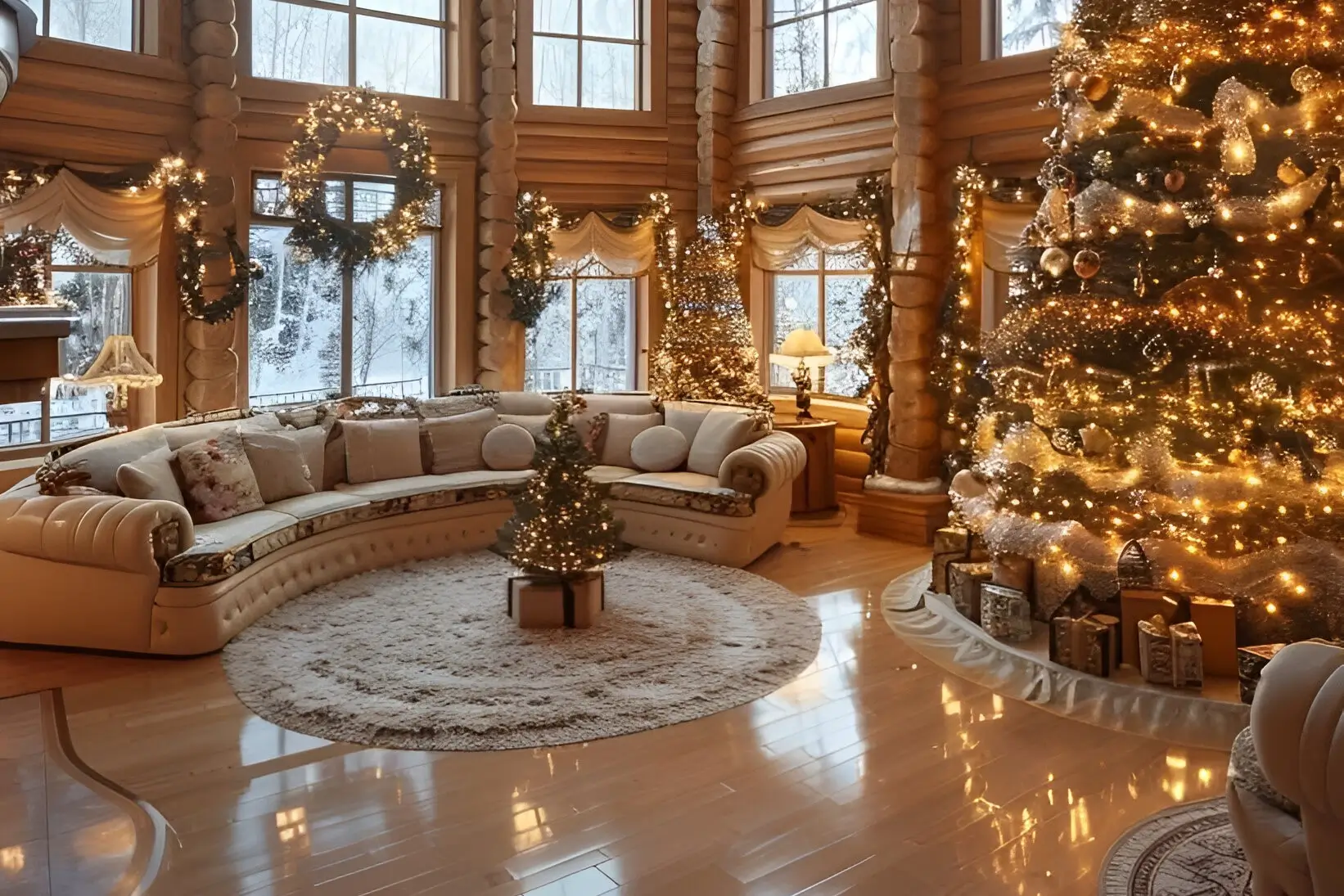 Log cabin interior with a stone fireplace decorated with garlands and a red bow, a tall Christmas tree with red and gold ornaments, and a central fountain.