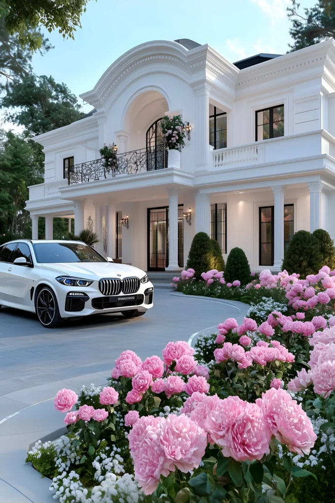 Luxury mansion with a neoclassical facade, white columns, arched windows, wrought-iron balcony, and a driveway surrounded by pink rose landscaping.