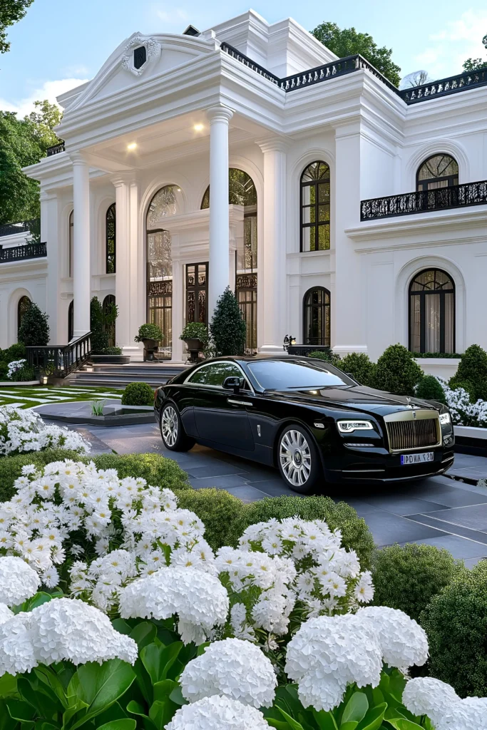 Elegant mansion with white columns, arched windows, detailed pediment, manicured gardens with white flowers, and a luxury black car on a slate driveway.