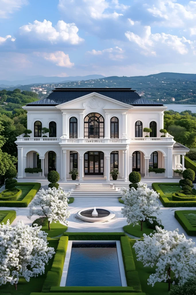 Luxurious white estate with symmetrical gardens, arched windows, a fountain, reflective pool, blooming white trees, and scenic views of hills and a lake in the background.