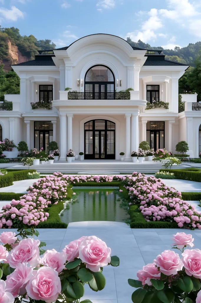 Luxury mansion with arched entryways, white columns, pink rose-lined pathways, a reflective pond, and lush greenery in a romantic garden setting.