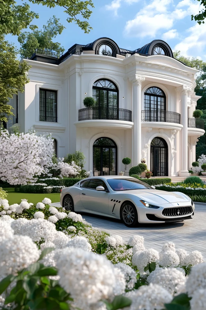 Luxury European-style mansion with curved balconies, intricate ironwork, white blossoms, lush greenery, and a silver sports car on the driveway.