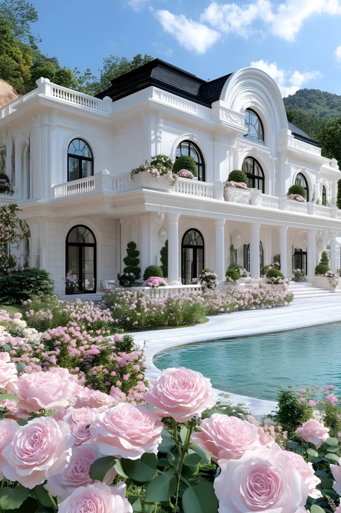 Luxury white mansion with arched windows, stately columns, balconies with floral arrangements, pink roses, lush greenery, and a turquoise pool in a garden setting.