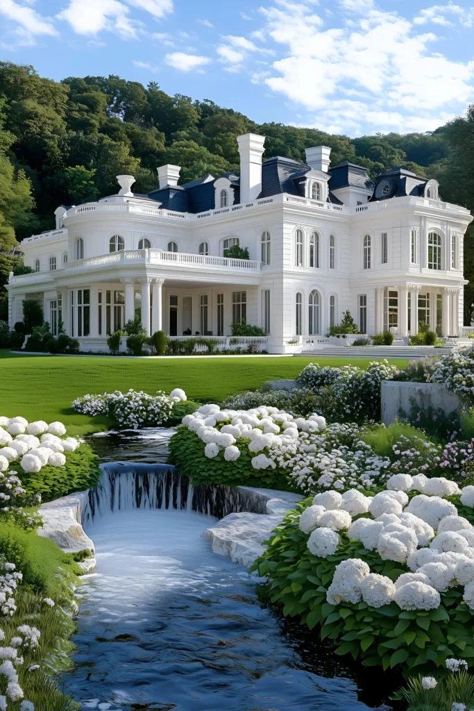 White luxury mansion with tall chimneys, arched windows, balustrades, lush green lawn, a cascading garden stream, and blooming white hydrangeas.