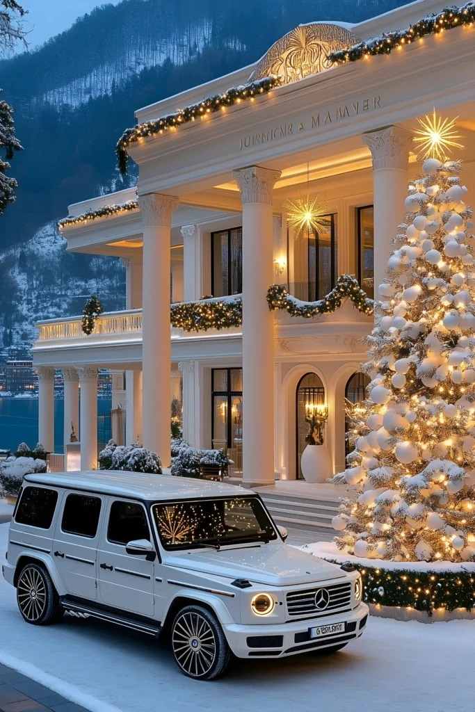 Luxury mansion with festive holiday decor, snow-covered driveway, twinkling garlands, illuminated Christmas tree, and a white luxury SUV.