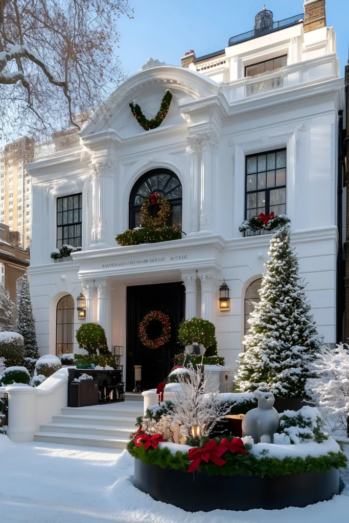 White luxury townhouse with festive holiday decorations, wreaths, garlands, snow-covered evergreens, and red bows in a snowy winter scene.