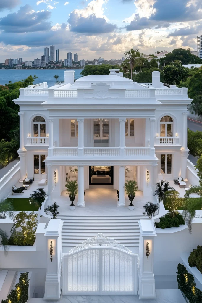 Waterfront luxury mansion with grand white columns, intricate wrought-iron gates, lush landscaping, and views of the city skyline.