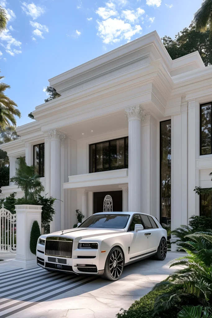 Luxury modern classical villa with ornate columns, tall glass windows, a striped marble driveway, and a Rolls-Royce parked in front.