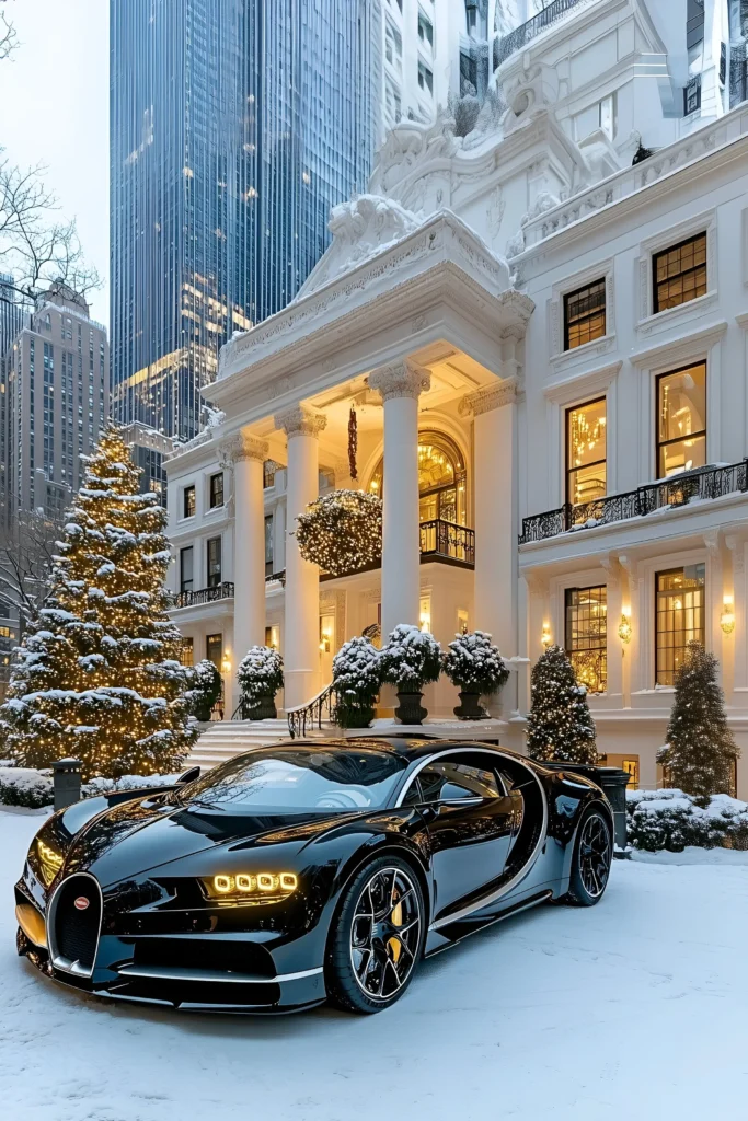 Luxury mansion with stately columns, festive decor, snow-dusted Christmas trees, warm lighting, and a Bugatti parked in the snowy cityscape.