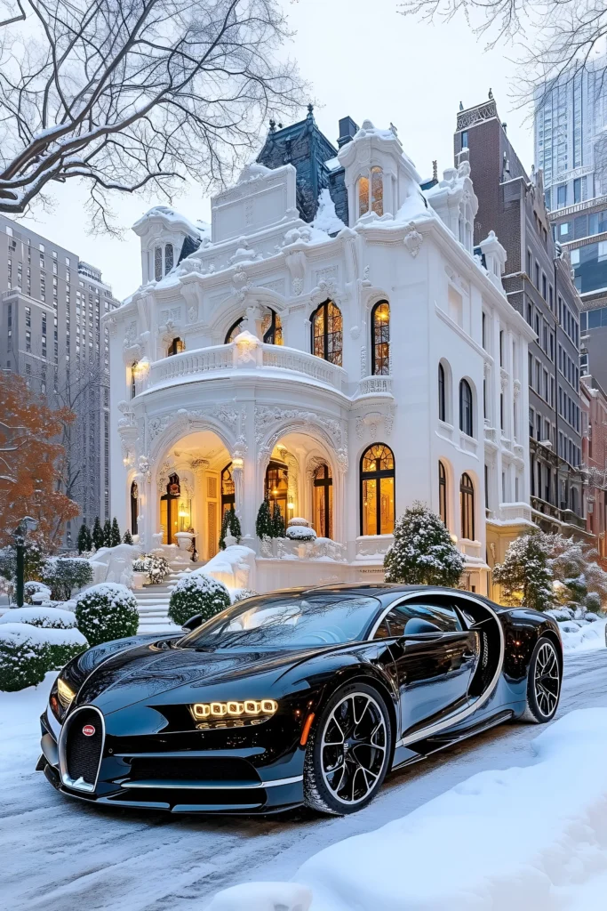 Luxury mansion with ornate architecture, arched windows, warm lighting, snowy surroundings, and a Bugatti in the driveway.