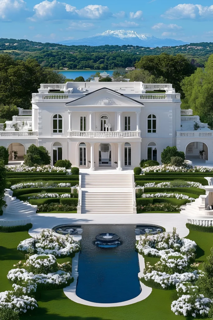 Grand white mansion with terraced gardens, cascading staircases, a central fountain, reflective pool, and panoramic views of a lake and snow-capped mountains.