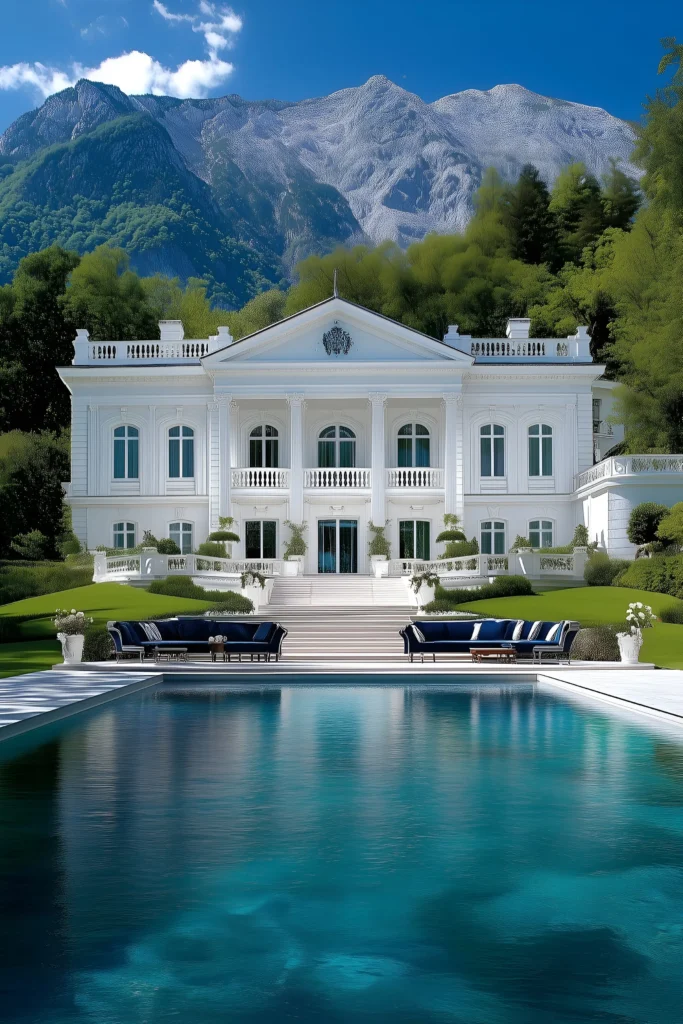 Luxury white mansion with symmetrical design, infinity pool, navy seating, lush greenery, and a stunning mountain backdrop.