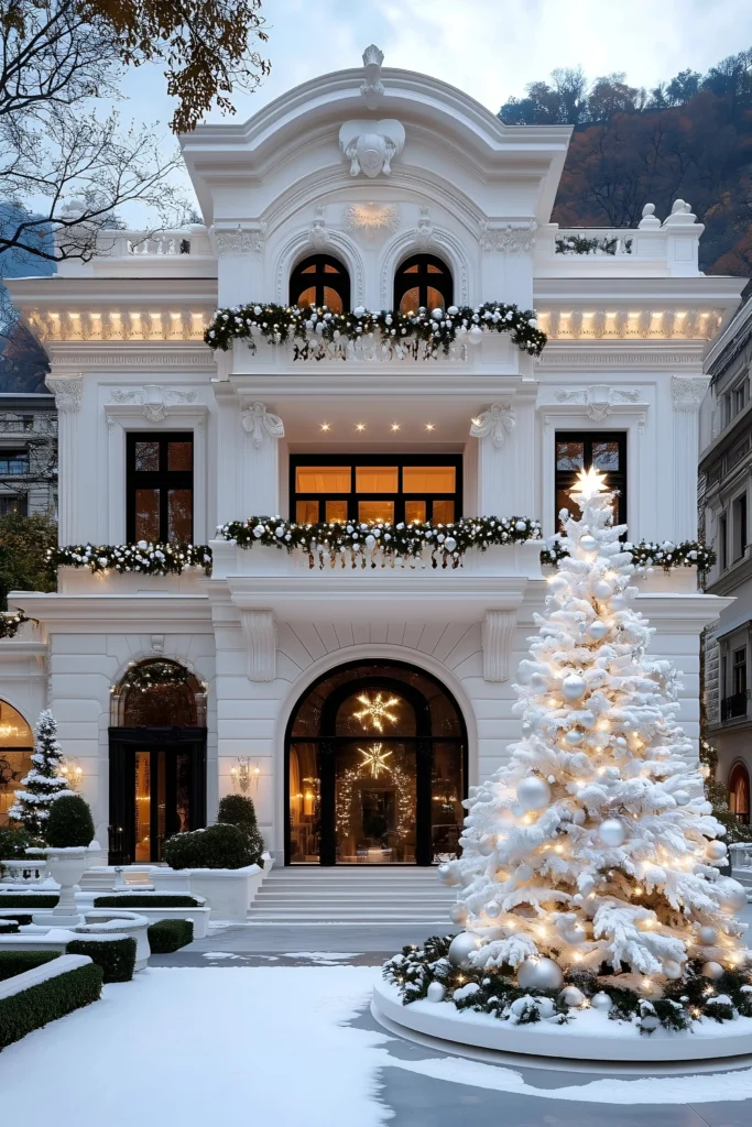 Luxury white manor with festive decor, snow-dusted garlands, glowing lights, a grand Christmas tree, and classic arched windows.