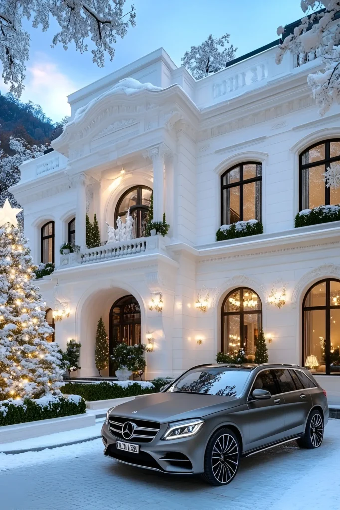 Luxury white mansion with festive lighting, arched windows, a grand Christmas tree, snow-dusted courtyard, and a Mercedes-Benz.