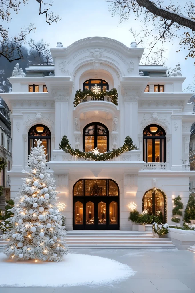 Luxury white manor with arched windows, festive garlands, a snow-covered Christmas tree, and intricate architectural details.