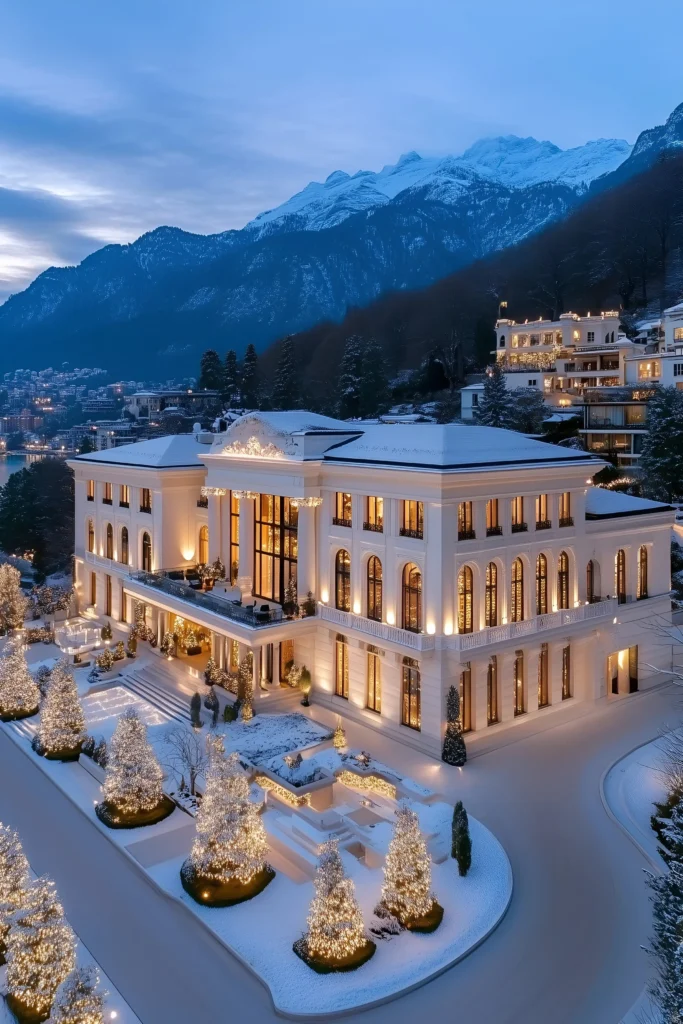 Luxury estate in a winter setting with glowing Christmas trees, arched windows, warm lighting, and snow-capped mountain views.