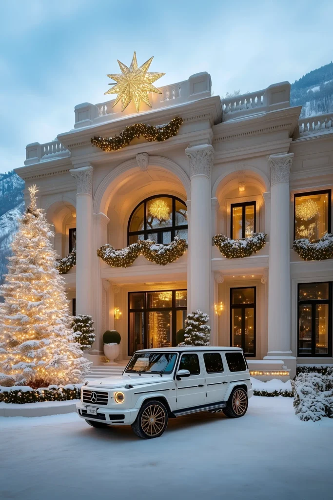 Luxury villa with illuminated star decor, festive garlands, a Christmas tree, snow-covered surroundings, and a white Mercedes-Benz.