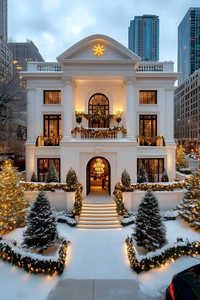 Luxury urban residence with glowing garlands, lit Christmas trees, arched windows, snow-covered exterior, and a grand chandelier.