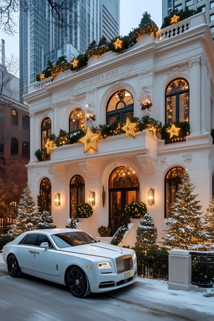 Luxury residence with golden star decorations, festive garlands, arched windows, snow-dusted Christmas trees, and a Rolls-Royce in the driveway.