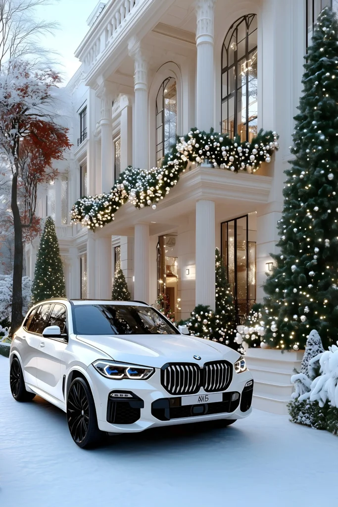 Luxury estate with grand columns, festive garlands, snow-dusted evergreens, warm lighting, and a BMW in the driveway.