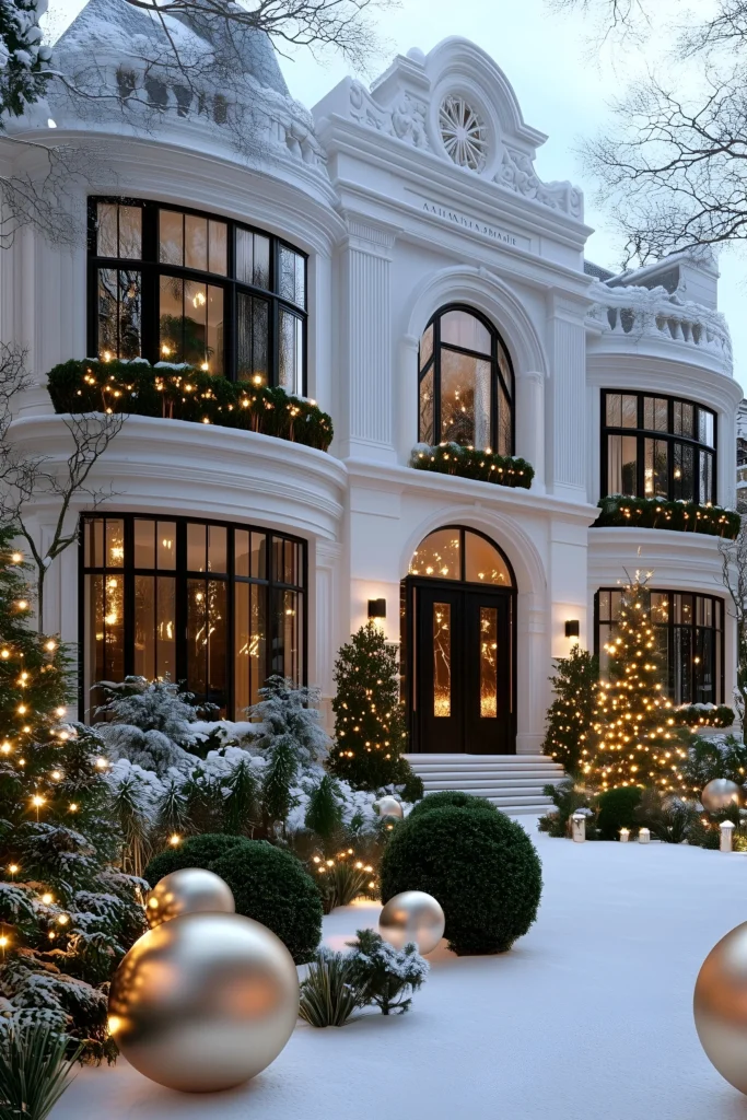 Luxury estate with curved facades, arched windows, snow-covered landscaping, festive garlands, Christmas trees, and oversized golden ornaments.