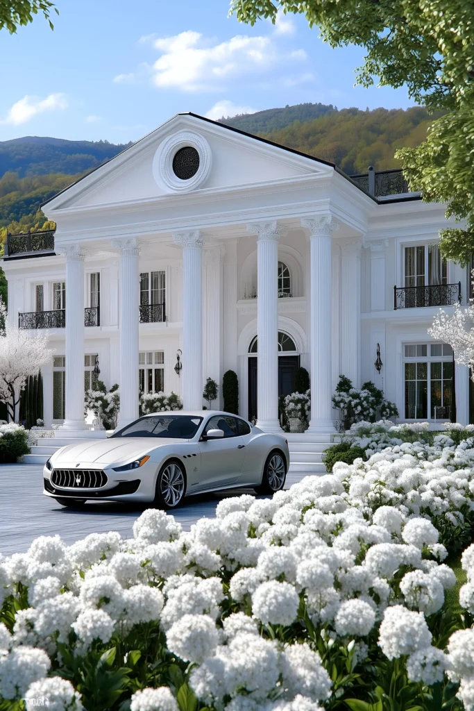 Luxury villa with classic columns, white blossoms, lush greenery, a Maserati in the driveway, and mountain views.